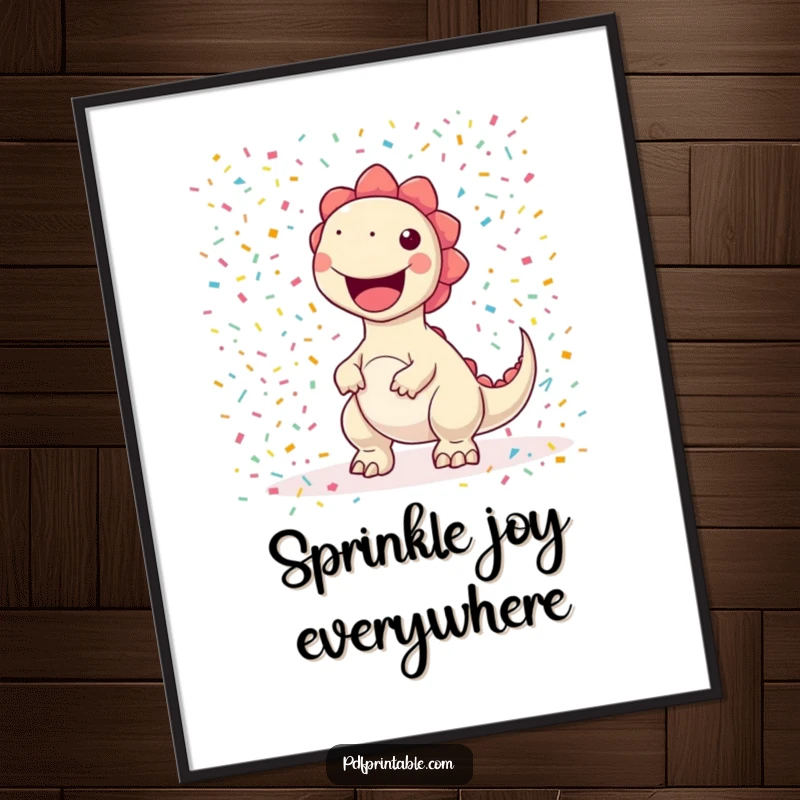 Funny kawaii dinosaur character joyfully printing a giant, colorful confetti pattern, available as a digital print for humor.