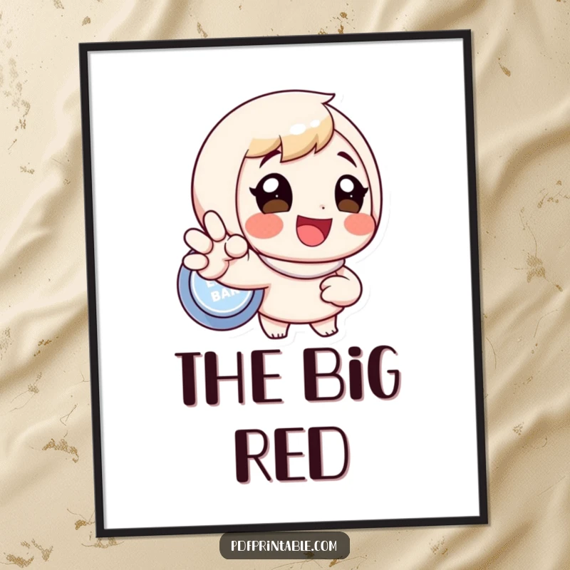 Funny digital art print of a character joyfully pressing a large button, symbolizing action and excitement, perfect for instant funny gift.