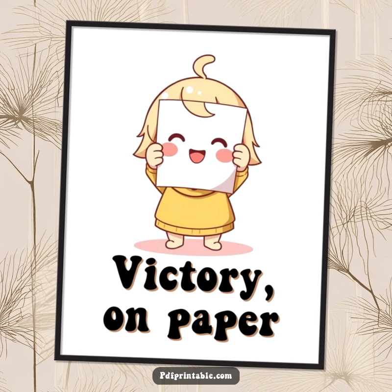 Funny digital art print of a cute character triumphantly holding a printed page, celebrating success and accomplishment.