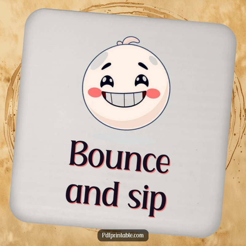 Funny Coaster featuring a bouncy ball character with a big grin, perfect for protecting drinks with playful energy.