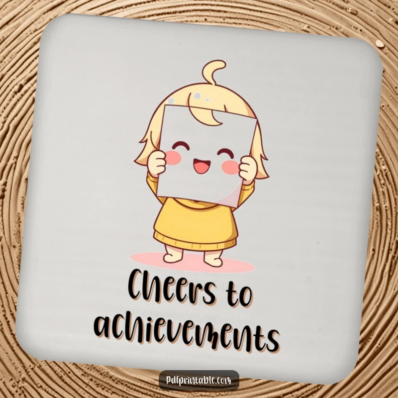 Funny drink coaster featuring a cute character triumphantly holding a freshly printed page, celebrating success with a smile.