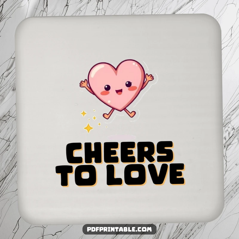 Funny drink coaster featuring a dynamic jumping heart character leaving a trail of bright sparkles, designed to protect surfaces.