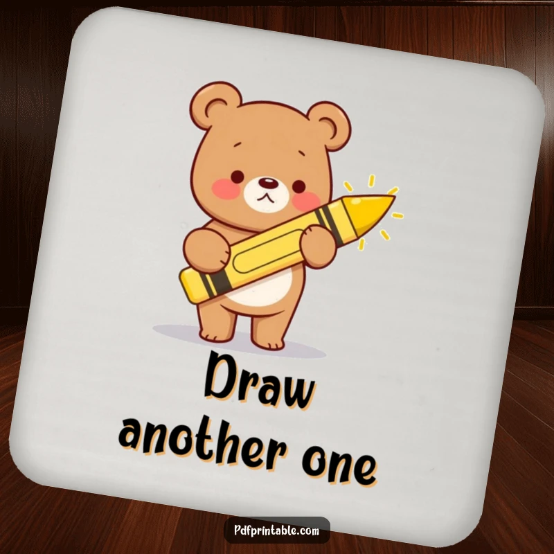 Funny kawaii bear with a giant crayon, drawing a happy sun, on these decorative and protective drink coasters.