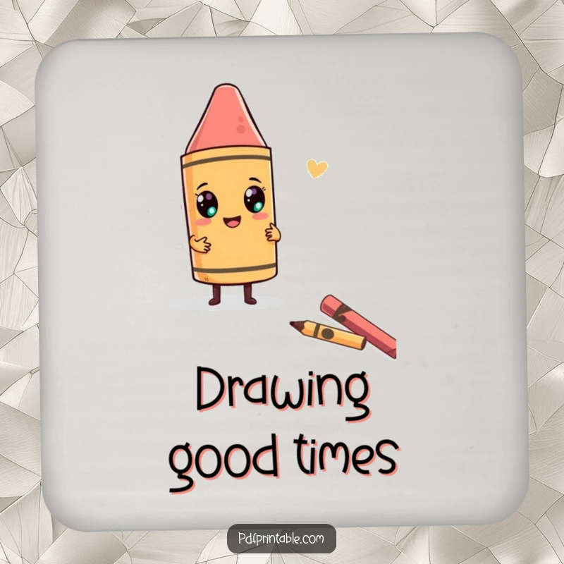 Funny Drink Coaster with a character using a giant crayon to draw a funny, abstract shape, symbolizing artistic fun.