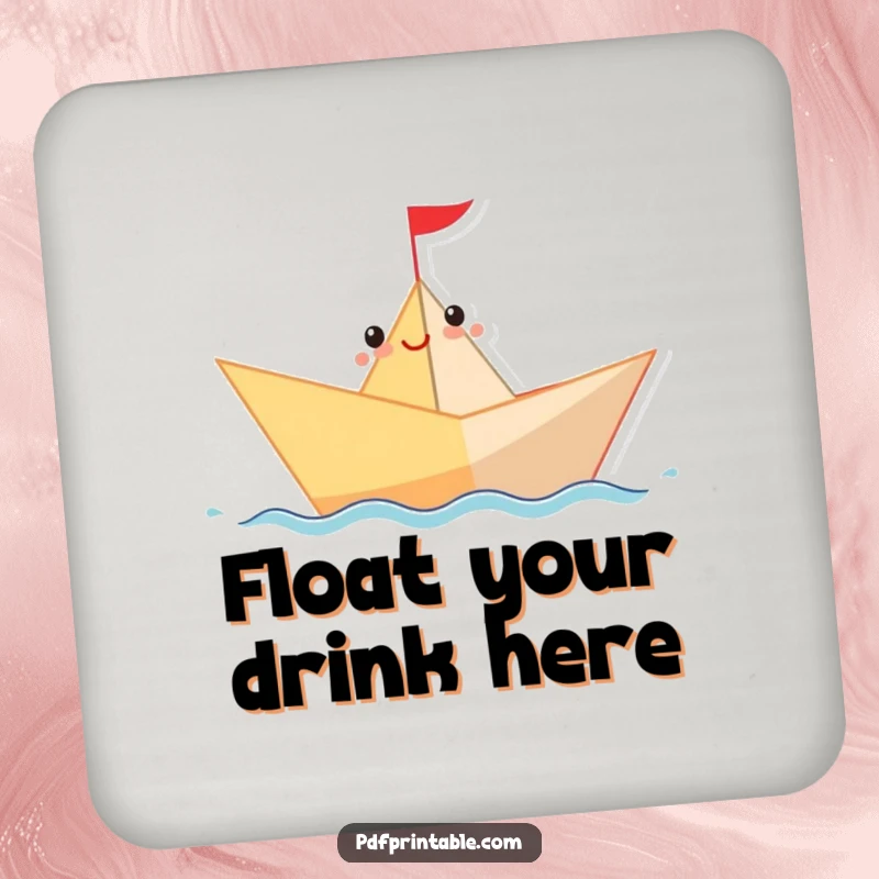 Funny Drink Coaster featuring a happy paper boat character sailing on a wavy line, adding nautical humor to tables.