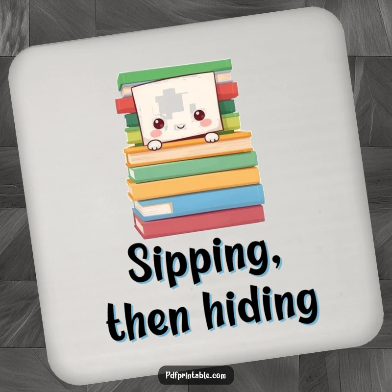 Funny Drink Coaster with a paper character peeking from behind colorful book pages, symbolizing a love for reading and stories.