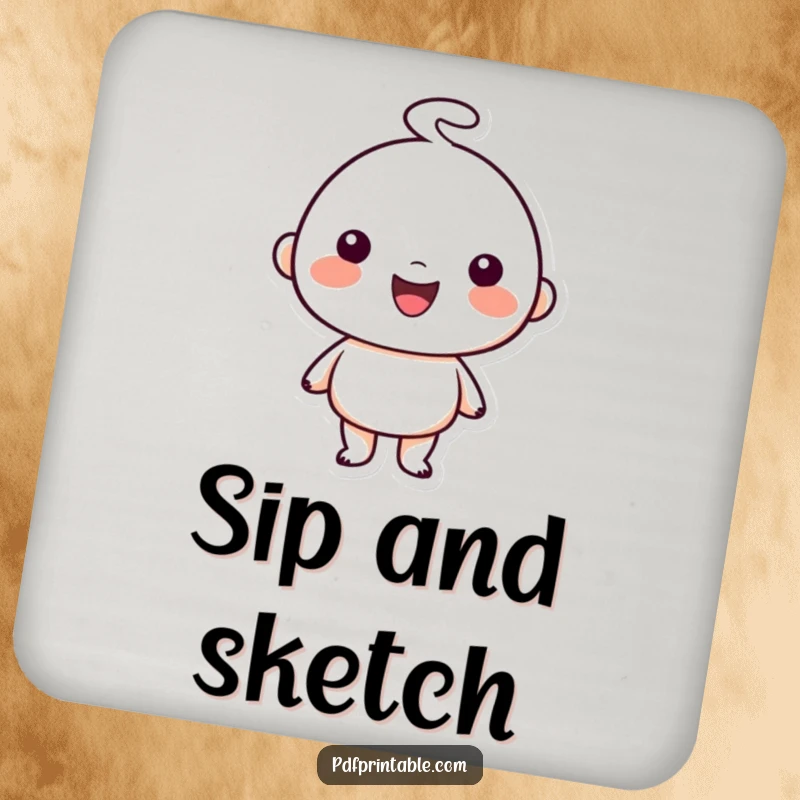 Funny Drink Coaster: Happy character showing off a simple charming doodle artwork, a humorous depiction of artistic expression, perfect for tabletops.