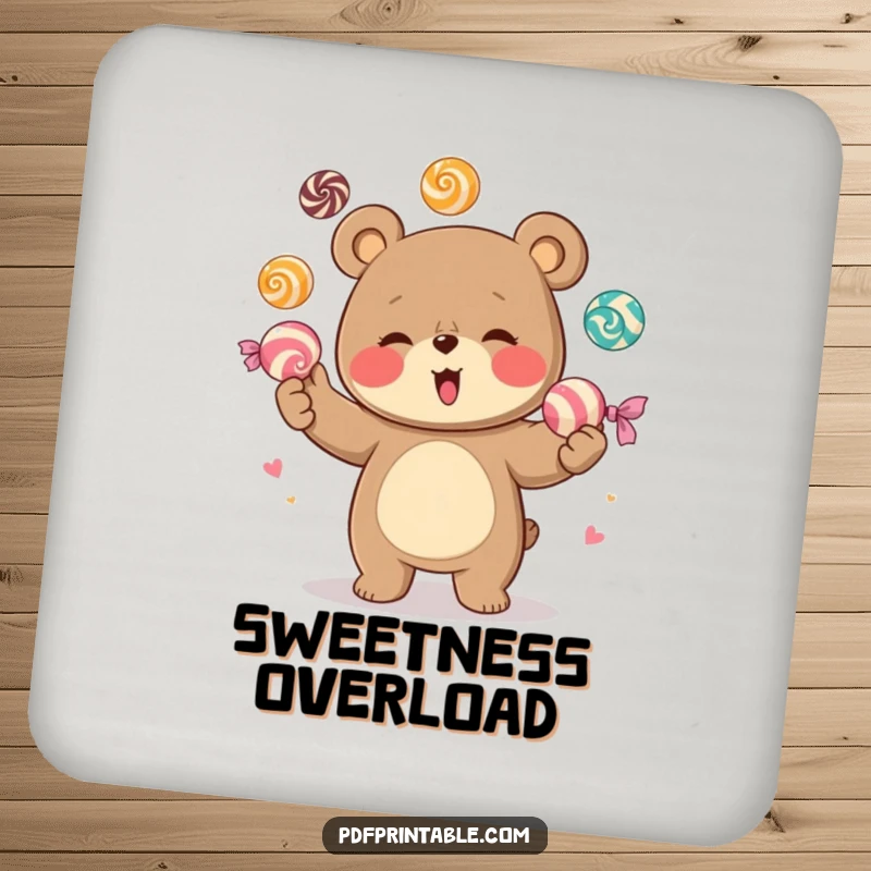 Funny drink coaster featuring a giggling bear character in the middle of juggling large, colorful candies, adding a touch of humor to any surface.