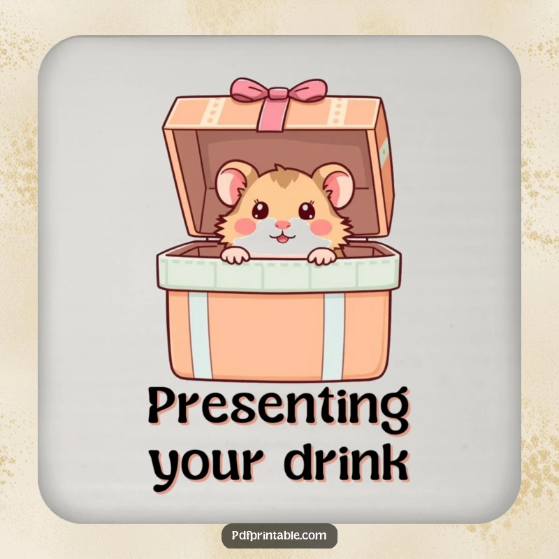 Funny Hamster Coaster: A curious hamster peeks from a giant gift box, a humorous and intriguing accessory for protecting your drinks.