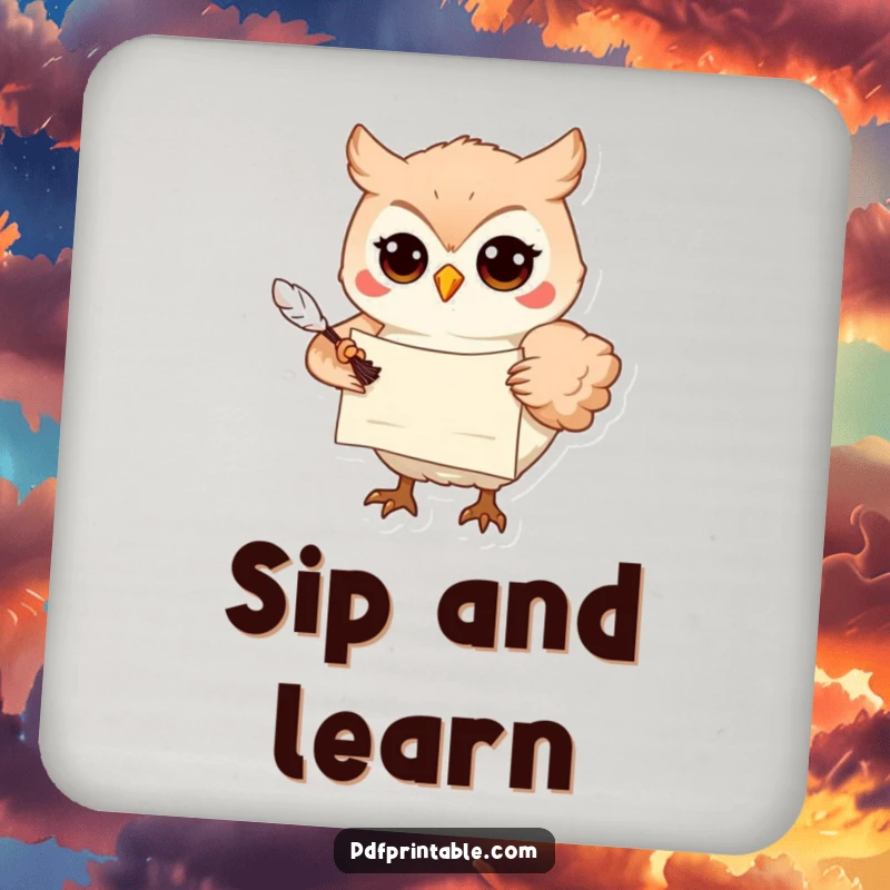 Funny Coasters: A playful owl with a scroll and quill delivers wisdom, protecting surfaces with scholarly and humorous style.