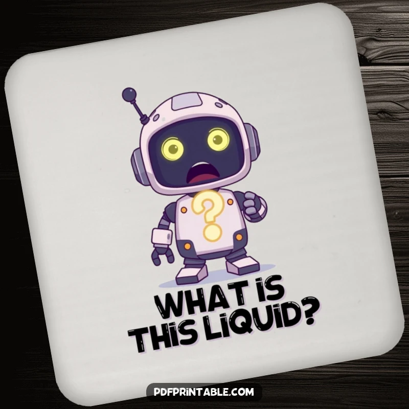 Funny Coaster featuring a surprised robot character holding a large, glowing question mark, adding wonder to drinks.