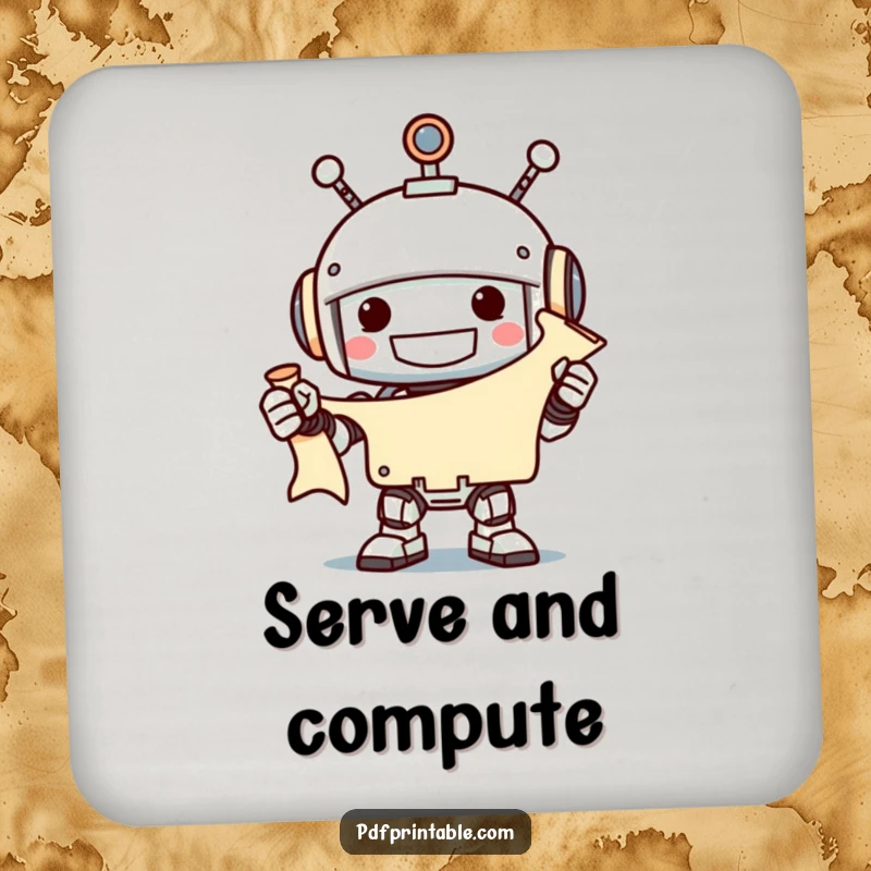 Funny grinning robot holding an unfurled scroll with a smile, on a drink coaster, perfect funny gift.