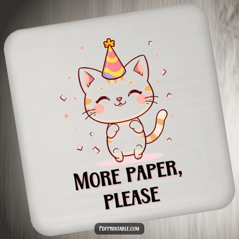 Funny kawaii cat in a party hat, surrounded by confetti, protecting drinks on these decorative and functional coasters.