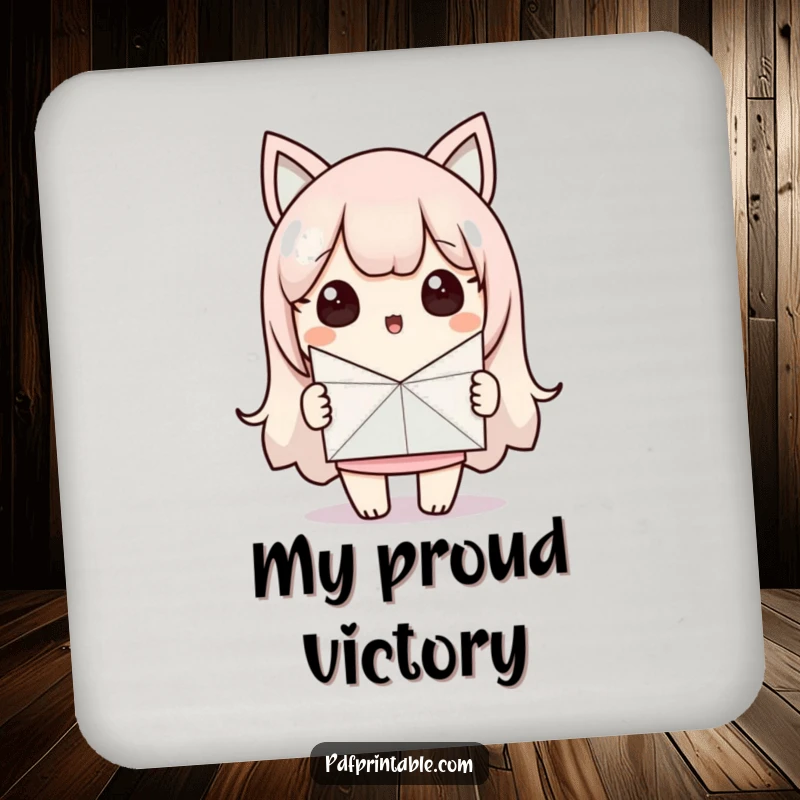 Funny Coaster: Surprised Kawaii character proudly holds a finished paper craft. A charming and funny gift for any home.