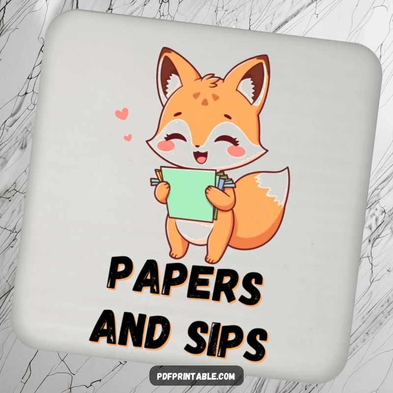 Funny kawaii fox giggling with colorful papers, decorating these protective and amusing drink coasters.