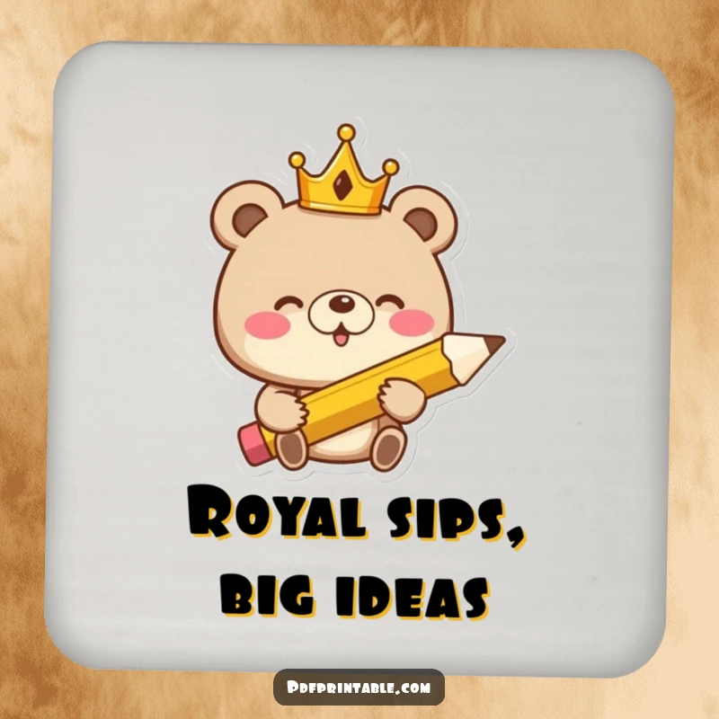 Funny Coaster: Giggling bear king in a crown holding a giant pencil, protecting surfaces with a touch of royal humor.