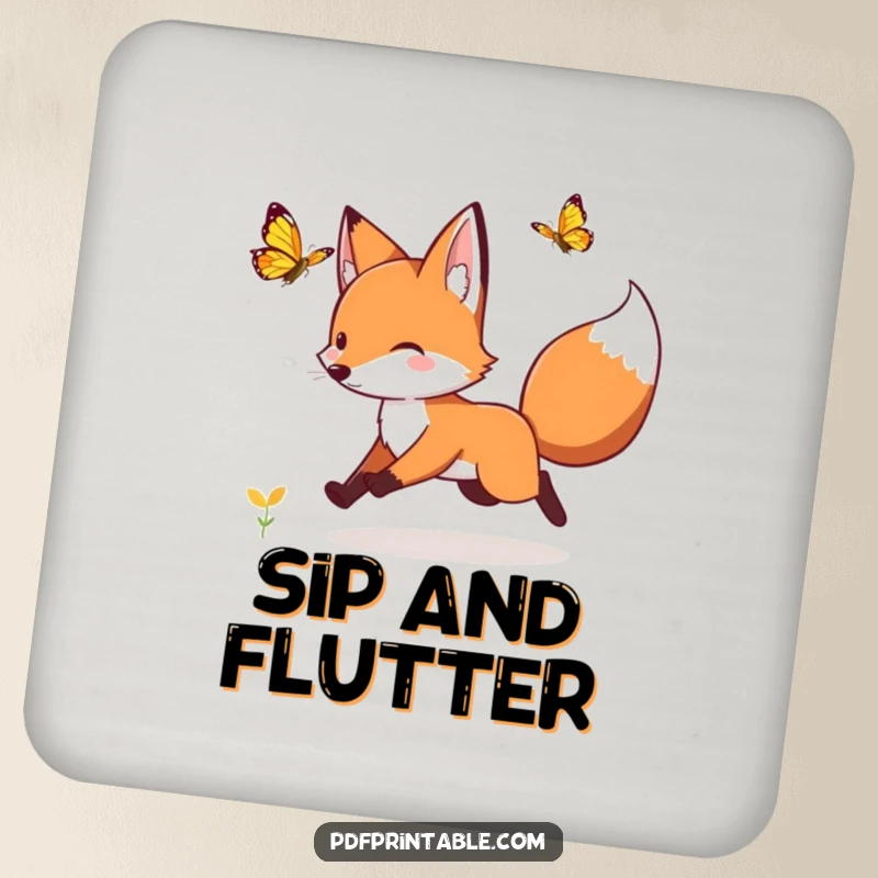 Funny playful fox chasing a fluttering butterfly sits on a drink coaster, adding a touch of whimsical humor.