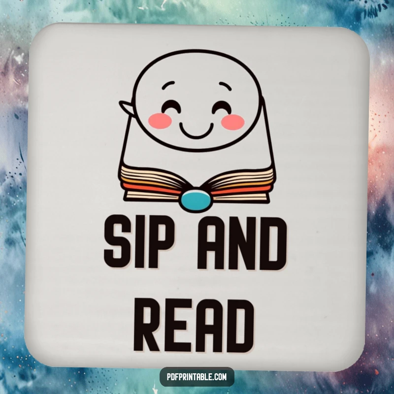 Funny Drink Coasters: A set of coasters featuring a happy book character with a smiling face in a speech bubble, for bookish protection.