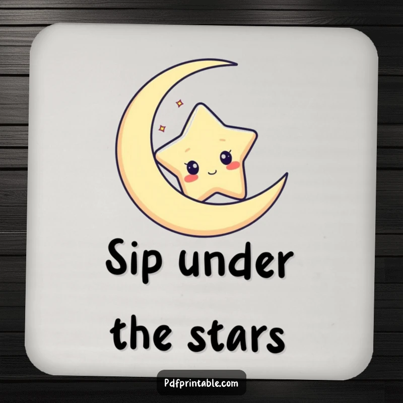 Funny drink coaster featuring a curious star character peeking from behind a crescent moon, designed to protect surfaces.