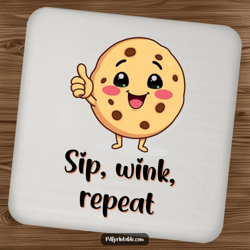 Funny cookie coasters featuring a happy cookie character winking and giving a thumbs up, protecting surfaces with cheer.
