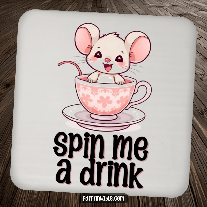 Funny Mouse Coaster: A delighted mouse rides a teacup, protecting surfaces with a charming and humorous design.