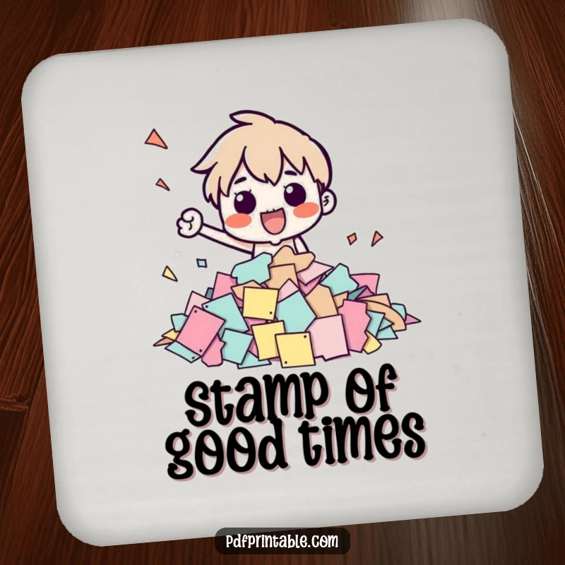 Funny drink coaster featuring a character stamping papers, a protective and humorous accessory for tables, ideal for home or office.