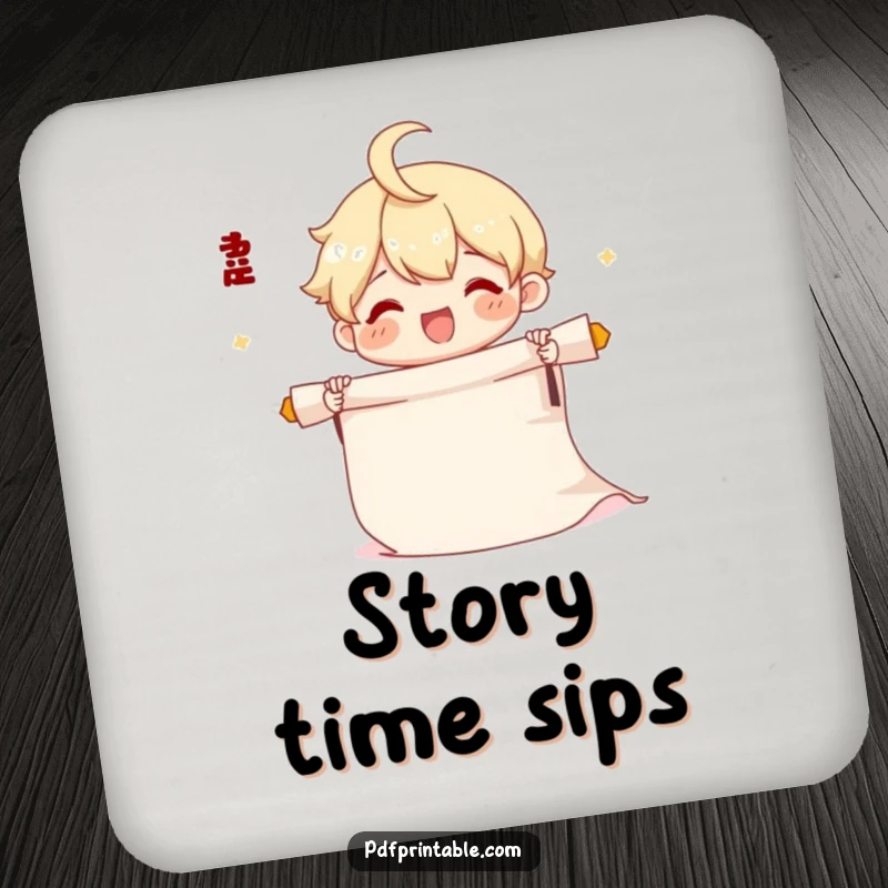 Funny Scroll Coasters featuring a cute character joyfully unrolling a long scroll, adding creative flair.