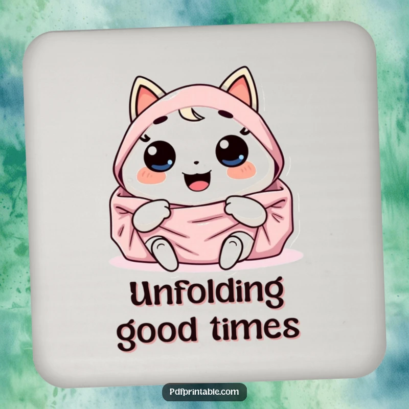 Funny Coaster: Giggling Kawaii character joyfully unfolds a large, colorful design. A charming and funny gift for any occasion.