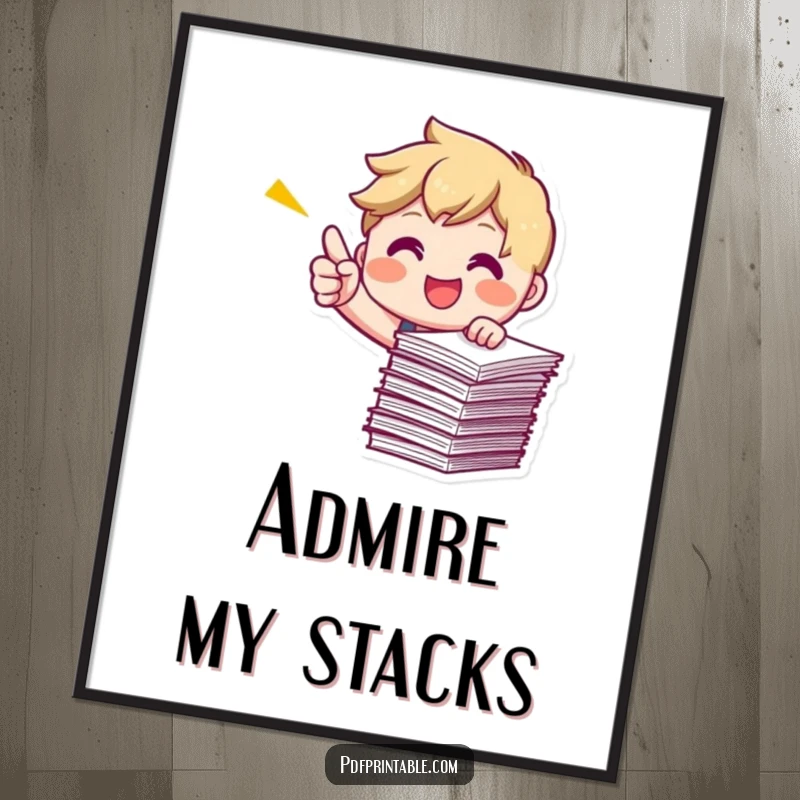 Funny Pointing Papers Poster depicting a smiling character energetically pointing at a stack of papers, celebrating success.