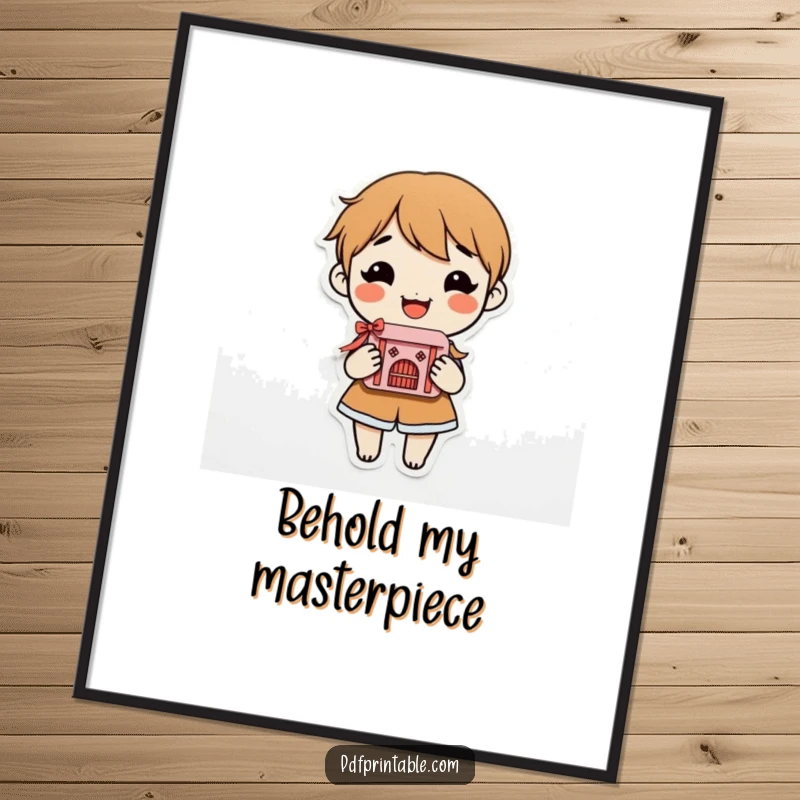 Funny Poster of a smiling character joyfully holding a complex, finished paper craft, embodying artistic accomplishment and satisfaction.