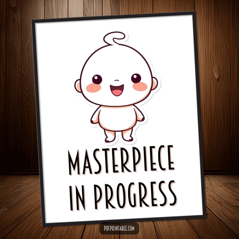 Funny Poster: Happy character proudly displaying a simple charming doodle artwork, symbolizing creativity and artistic joy, a humorous wall decoration.