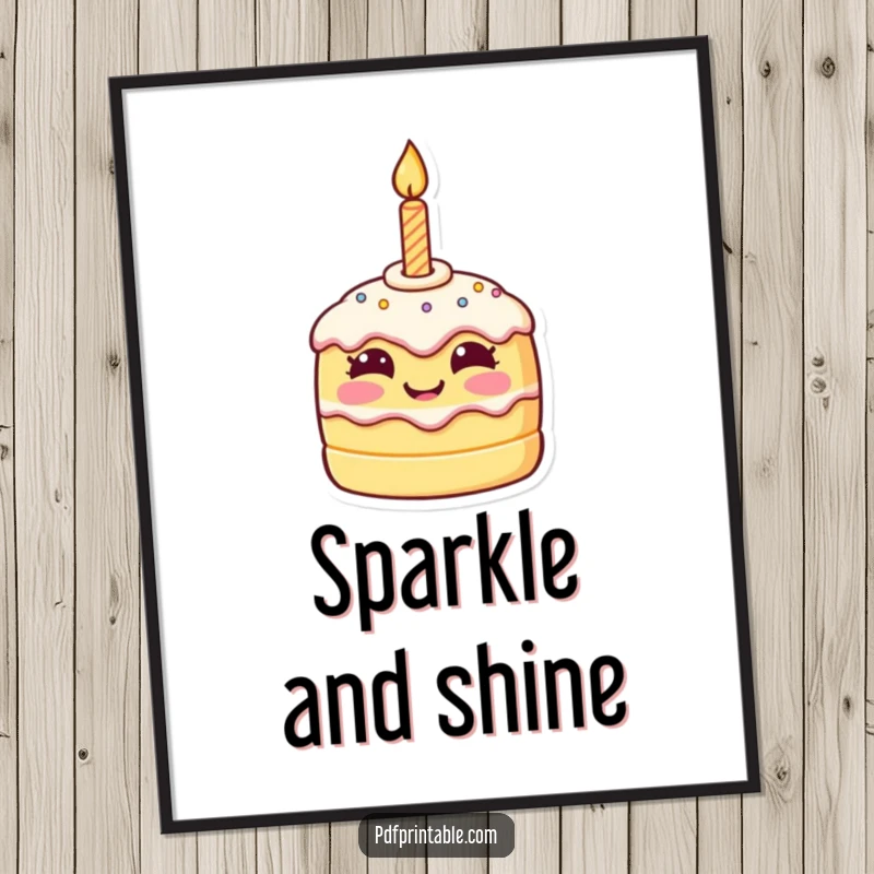 Funny birthday poster featuring a tiny, smiling cake character with a lit candle, spreading bright, cheerful vibes.