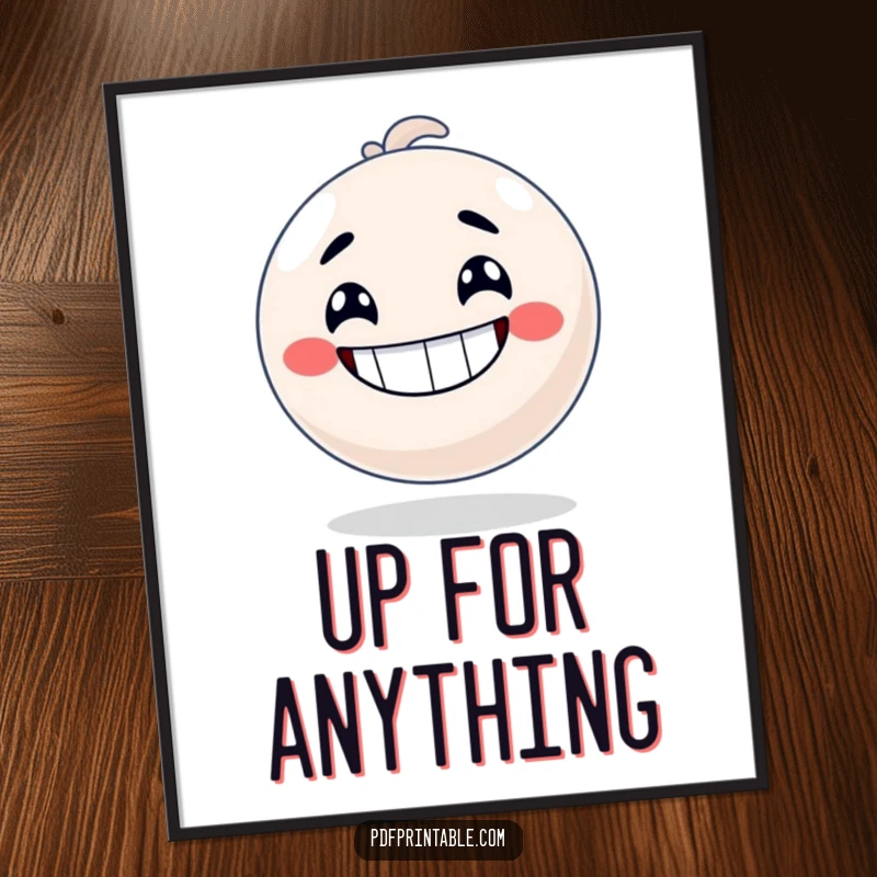 Funny Poster of a bouncy ball character grinning widely, captured mid-motion, ready to launch with immense energy.