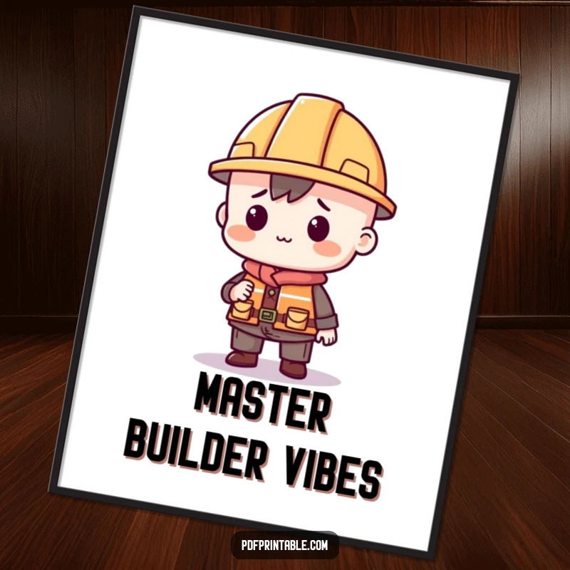 Funny poster art of a character wearing a tiny construction hat, building with various printable shapes, symbolizing imagination.