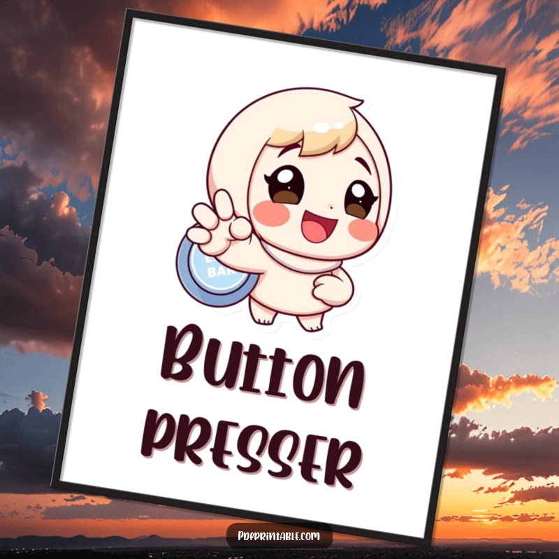 Funny poster showcasing an ecstatic character about to push a prominent button, conveying excitement and a can-do attitude, excellent funny gift.