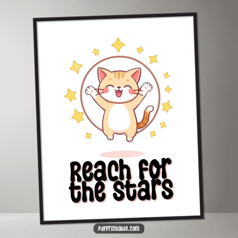 Funny cheerful cat jumping through a hoop of sparkling stars, creating a magical and humorous visual on a poster.