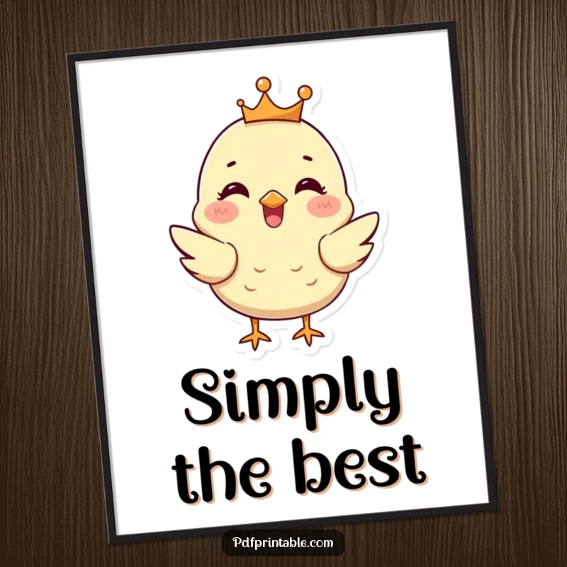 Funny Chick Poster: A happy chick wearing a tiny crown chirps joyfully, creating a charming and humorous piece of wall art.