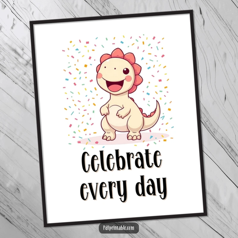 Funny kawaii dinosaur character joyfully printing a giant, colorful confetti pattern, presented as a poster for humorous and festive decor.