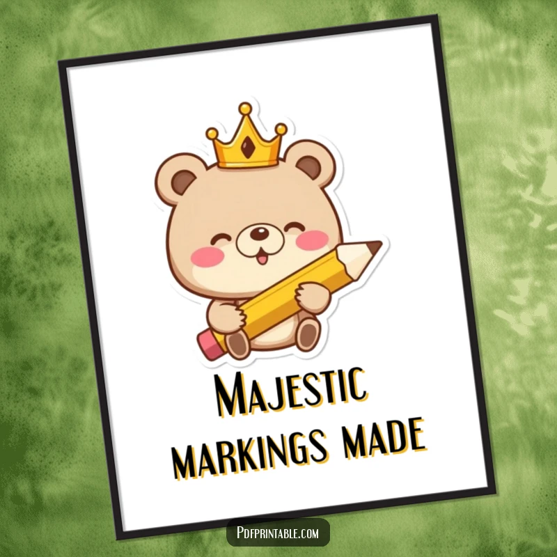 Funny Poster: Giggling bear king in a crown holds a giant pencil, exuding playful regal charm and creative whimsy.