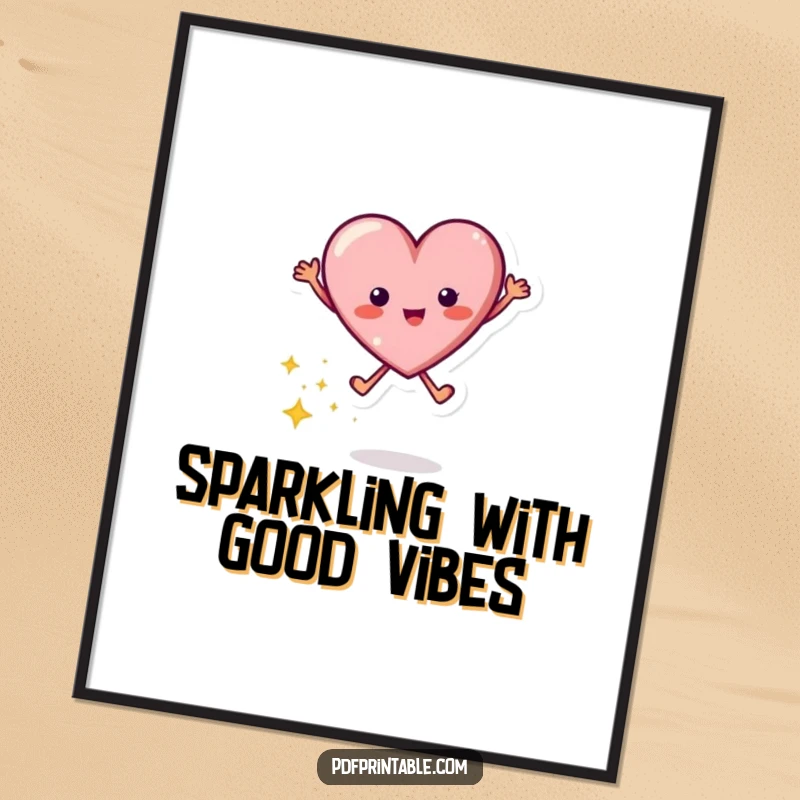 Funny poster artwork of an energetic jumping heart character leaving a dazzling trail of sparkles, symbolizing love and happiness.