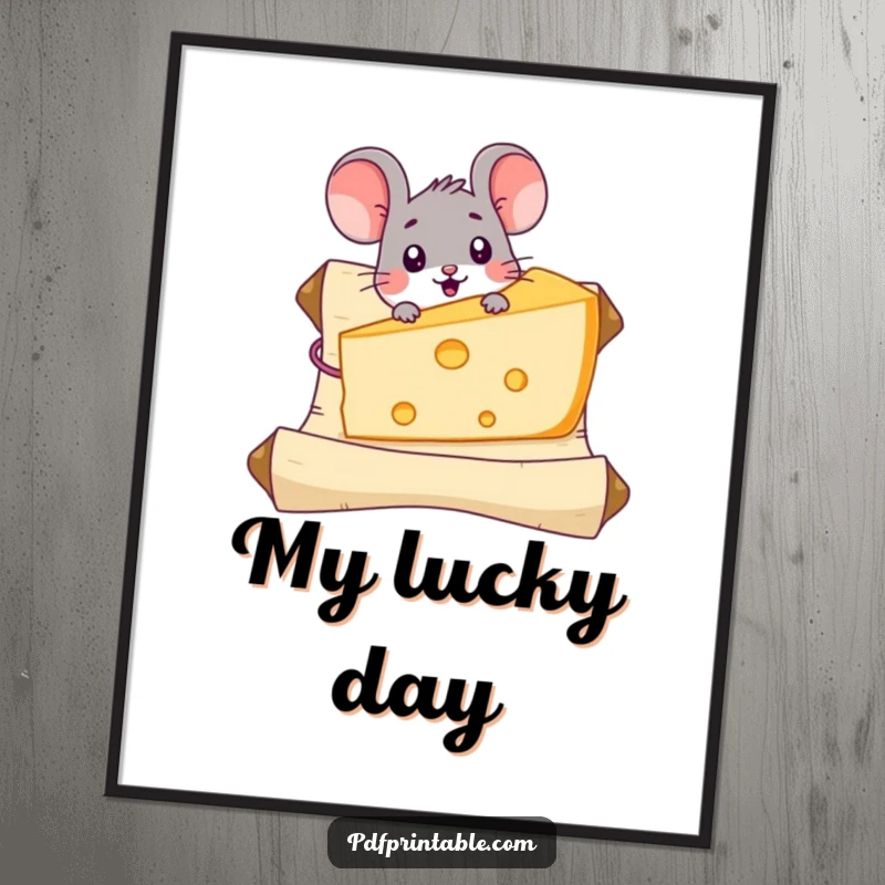 Funny Mouse Cheese Poster featuring a surprised mouse character discovering a giant piece of cheese on a scroll, ideal for whimsical wall decor.
