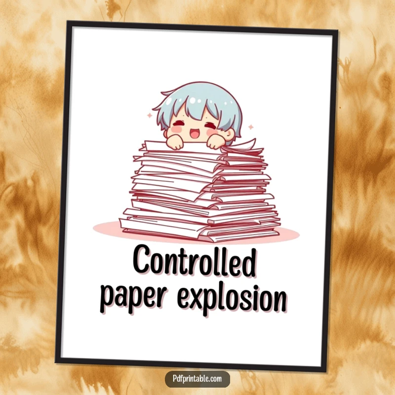 Funny poster art of a character comically falling out of an enormous stack of documents, symbolizing extreme workload and office stress.