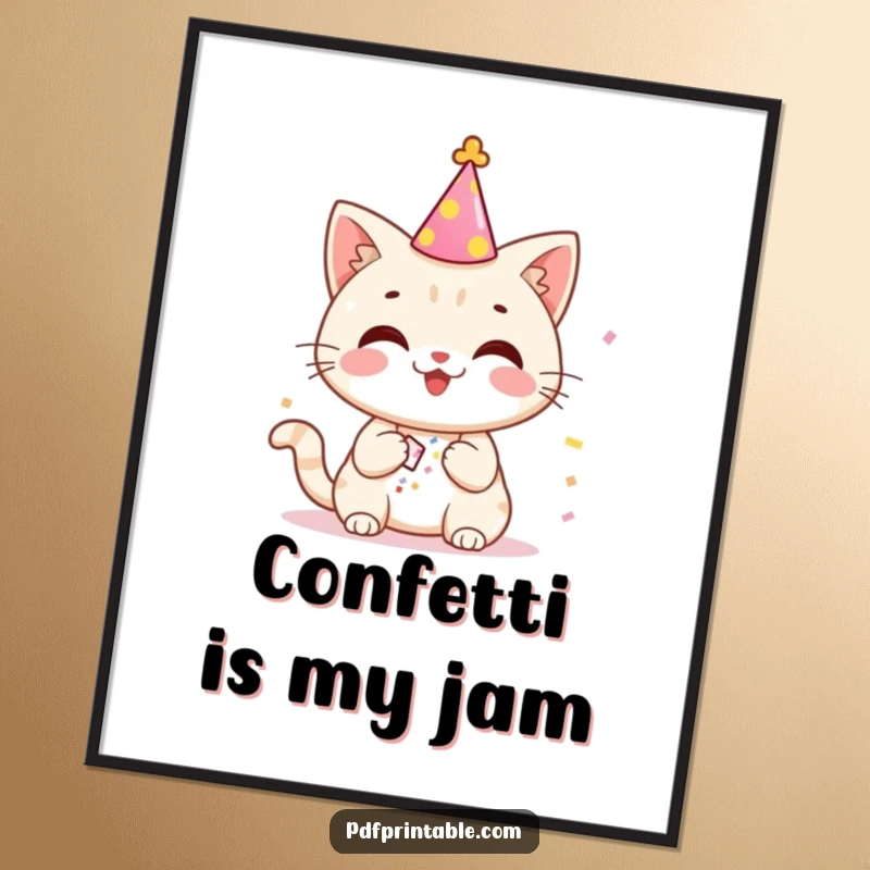 Funny cat wearing a party hat, joyfully unleashing a shower of confetti from a small popper, festive wall art.