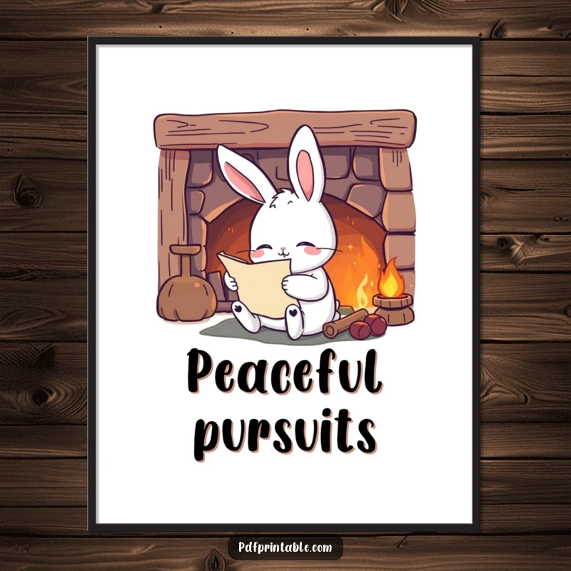 Funny Poster: A content rabbit reads a scroll by a cozy fireplace, perfect for adding warmth and literary charm to any room.