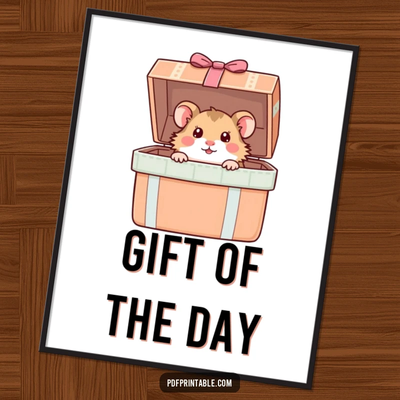 Funny Hamster Poster: A curious hamster peeks from a large gift box, creating a humorous and intriguing visual for your space.