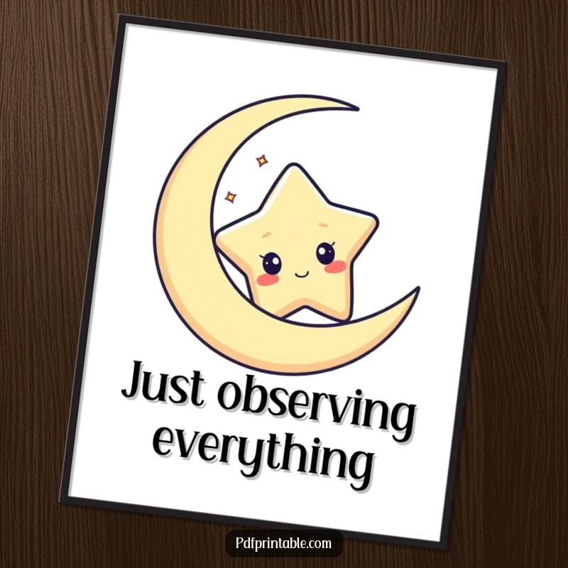 Funny poster artwork of a curious star character peeking from behind a crescent moon, evoking a sense of celestial mystery.
