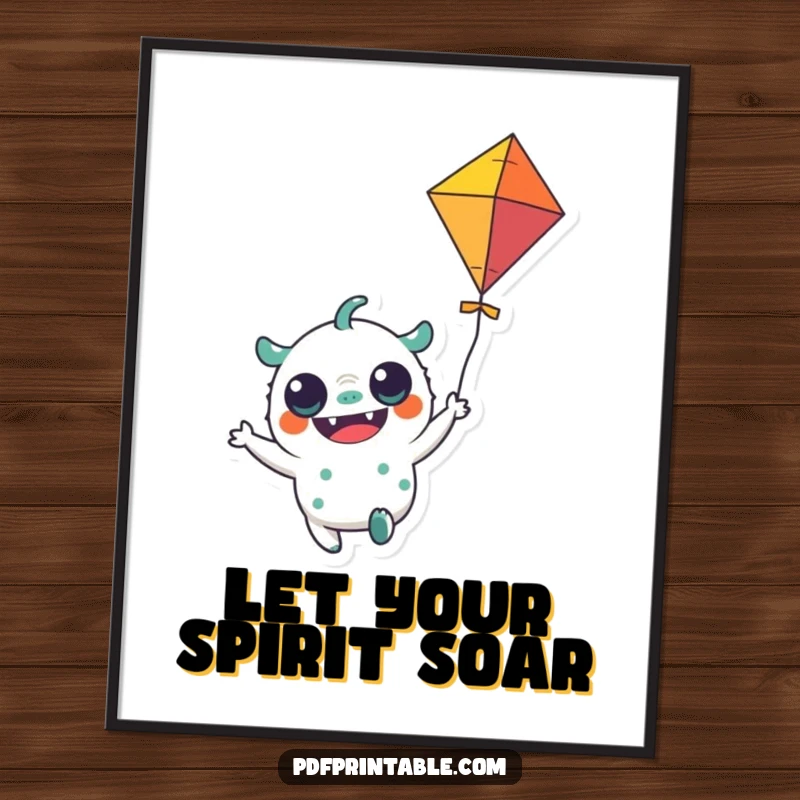 Funny Poster: A vibrant poster of a cheerful monster character holding a colorful kite flying high, bringing playful energy.