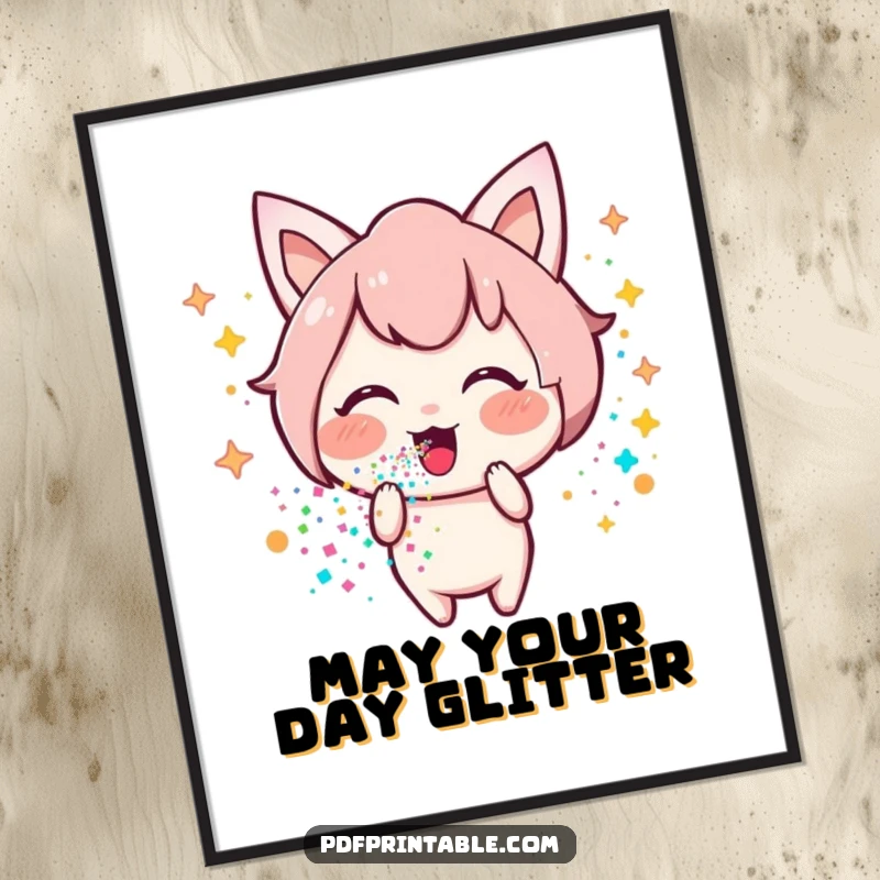 Funny Kawaii glitter poster showcasing a happy character emitting a stream of vibrant, colorful glitter, creating a joyful and festive atmosphere.