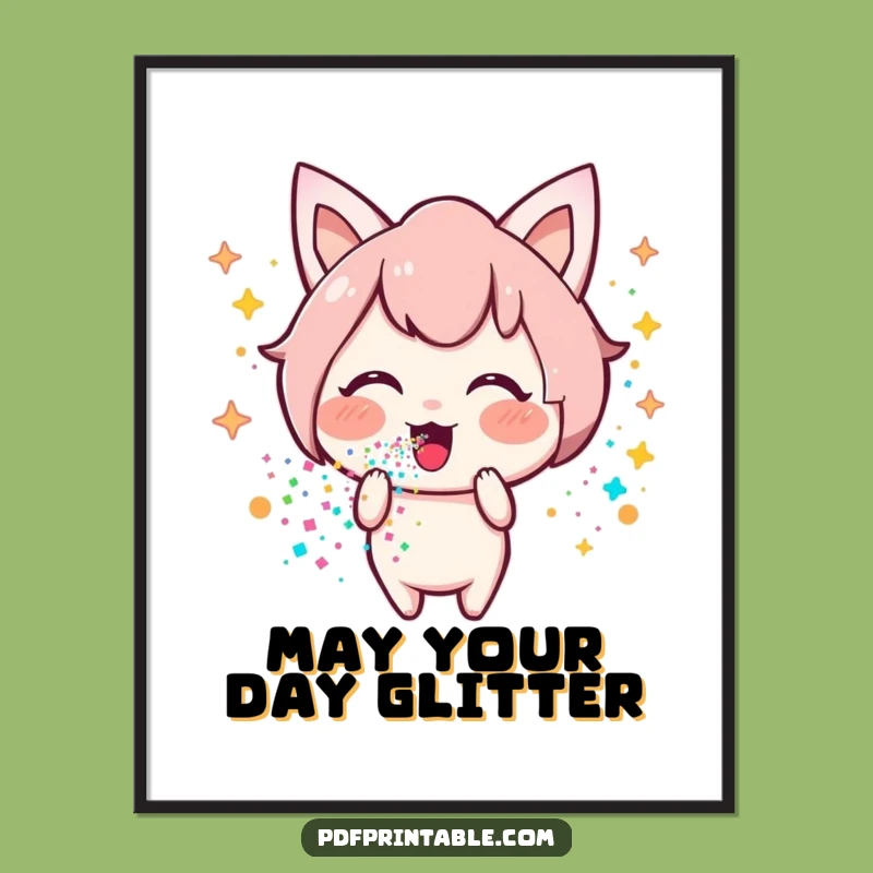 Funny Kawaii Glitter Poster: Happy Character Spreading Joyful, Colorful Decor