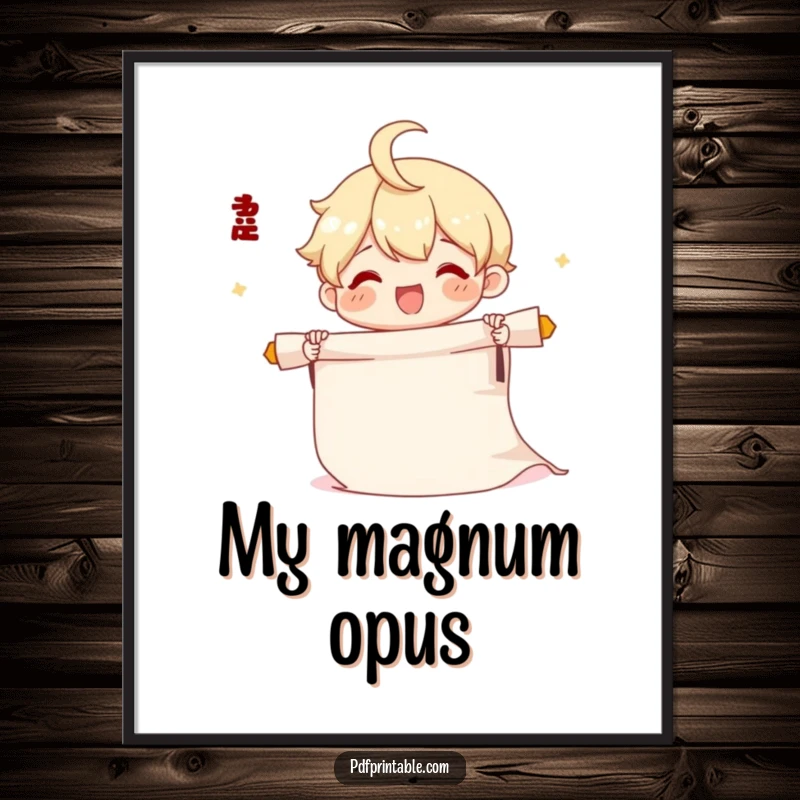 Funny Scroll Poster depicting a cute character joyfully unrolling a long scroll of paper, perfect for announcements.